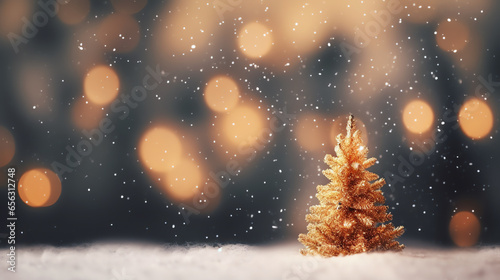 Abstract blurred bokeh snow background with Christmas tree and copy space, holiday celebration concept © Nuchylee