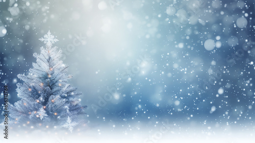 Abstract blurred bokeh snow background with Christmas tree and copy space, holiday celebration concept