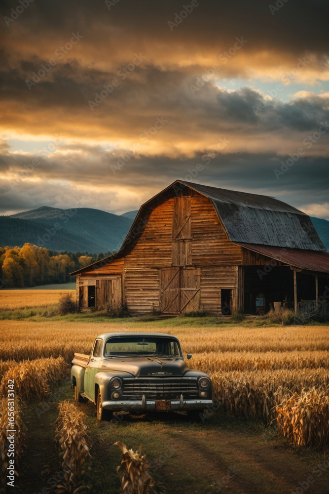 Old barn on the edge of a cut corn field at sunset. Forest trees ...