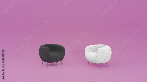 Black and white armchair on violet pink background, 3d render