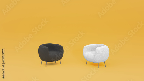 Two soft chairs on a yellow background, 3d render