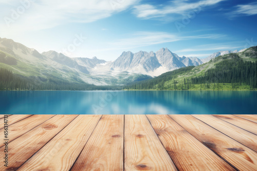 Empty wooden table with blurred lake with mountains background. Table top product display showcase stage. Image ready for montage your text or product. 