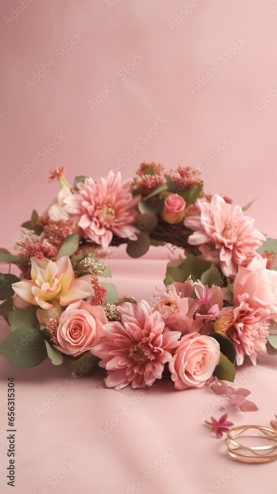 Wreath of fresh pink flowers on a pink background, generative AI.