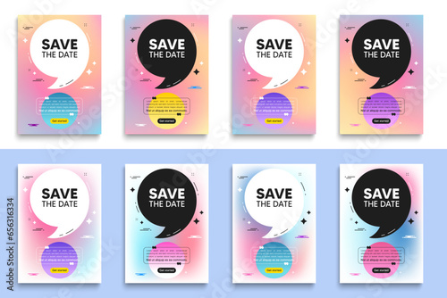 Save the date tag. Poster frame with quote. Calendar meeting offer. Save appointment message. Save date flyer message with comma. Gradient blur background posters. Vector