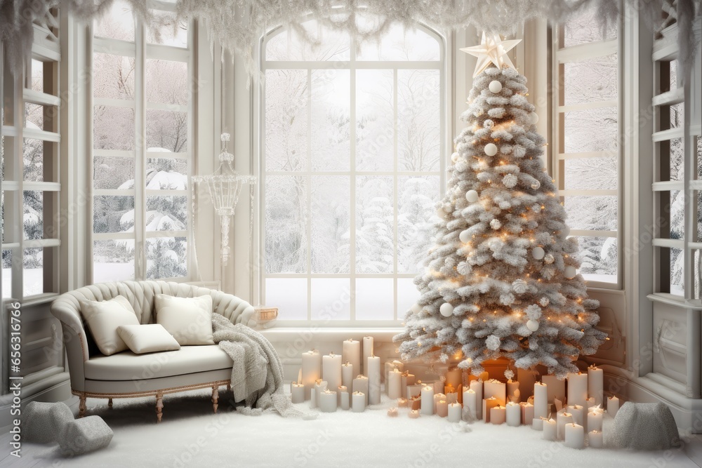 White Christmas Tree overlooking Big French Windows in a Mansion on a Snowy Day Generative Ai