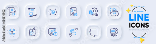 Dollar exchange, Journey and Certificate line icons for web app. Pack of Presentation, Vr, Report pictogram icons. Puzzle, Painting brush, Creative painting signs. Accounting. Vector