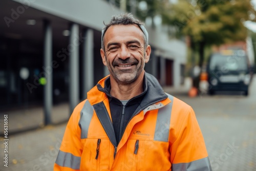 Portrait of a middle-aged man in an orange reflective vest. photo