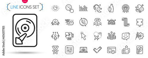 Pack of Winner ribbon, Vip clients and Cursor line icons. Include Upper arrows, Scarf, Quick tips pictogram icons. Manganese mineral, Project deadline, Sports arena signs. Call center. Vector