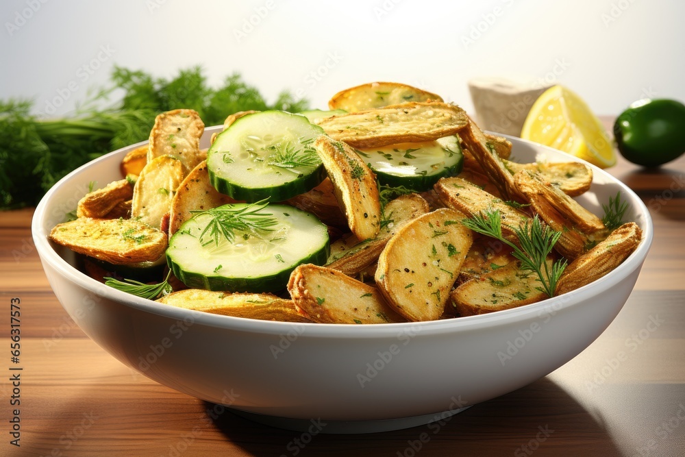 A bowl of crispy cucumber slices. isolation white background,Generated with AI