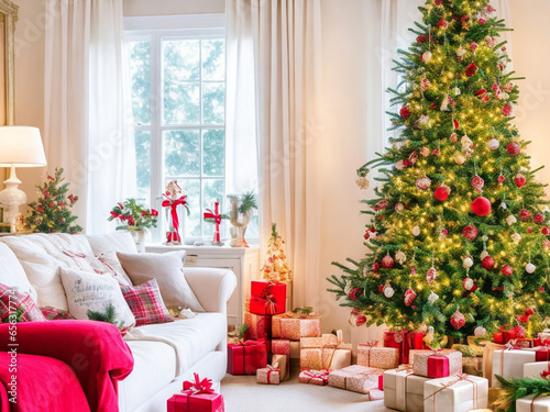 Merry christmas and happy new year. Christmas inside house, tree, fireplace and gifts. Xmas background.