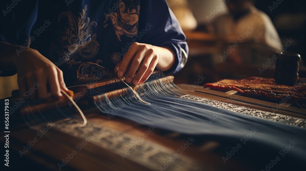 An artistic composition featuring a skilled artisan weaving brocade patterns on a loom. Background image. AI generated - obrazy, fototapety, plakaty 