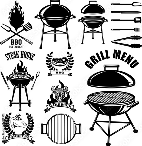 Set of bbq emblem, badges and design elements. Grill party. Vector illustration