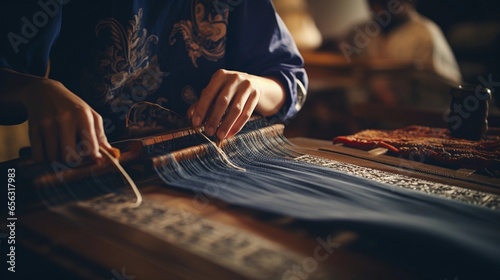 An artistic composition featuring a skilled artisan weaving brocade patterns on a loom. Background image. AI generated