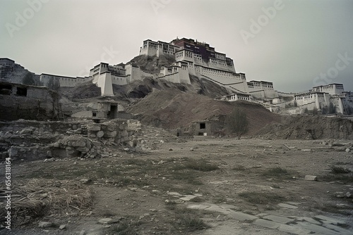 Devastated Potala Palace amidst aftermath, Tibet's last stand. Generative AI