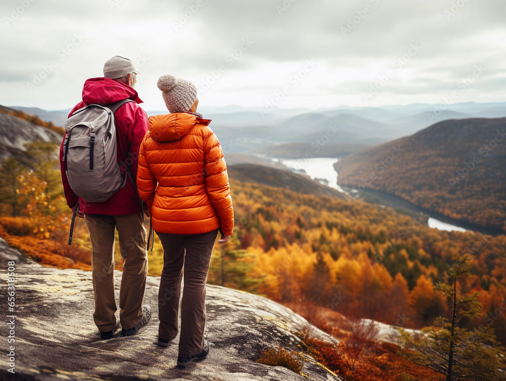 Senior couple hiking in mountains, standing on the top and enjoying view of nature, back view, active lifestyle. Senior couple hiking in mountains, standing on the top and enjoying view of nature, back view, active lifestyle.