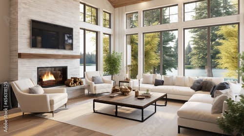 Beautiful interior with hardwood floors and a fireplace in a brand-new mansion. A large bank of windows suggests an outside view.