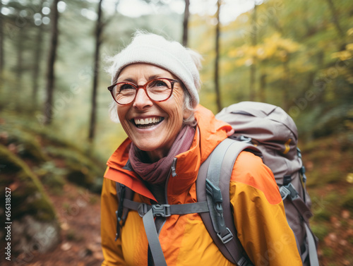 Senior happy laughing woman is hiking in forest, Active lifestyle.