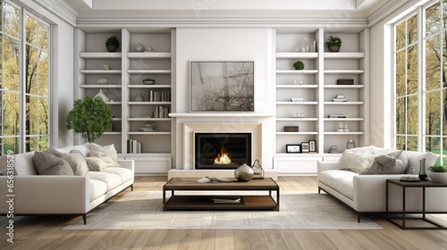 Beautiful interior with hardwood floors and a fireplace in a brand-new mansion. A large bank of windows suggests an outside view.