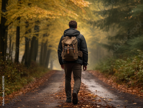 Young men with backpack walking in autumn park, Hiking, Forest, Journey, active healthy lifestyle, adventure, vacation concept. © Julija