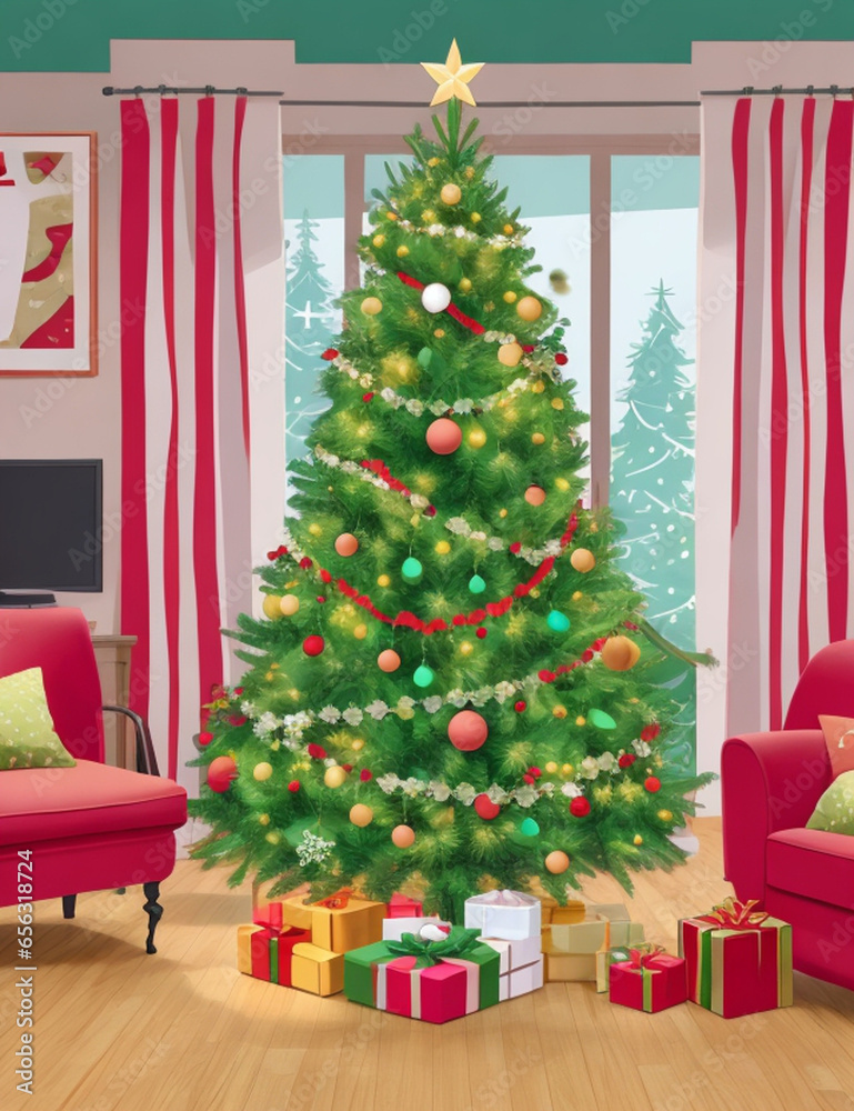 Merry christmas and happy new year. Christmas inside house, tree, fireplace and gifts. Xmas background.