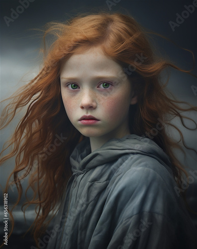 Outdoor portrait of a young female child with long wind-blown red hair standing in a field and wearing a grey sweater. Serious expression. Fog and mist and a dreary sky.
