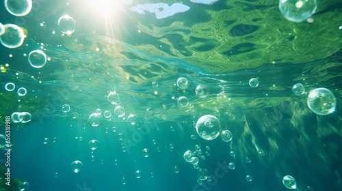 Underwater bokeh and bubbles in the Californian ocean's clear, green water photo