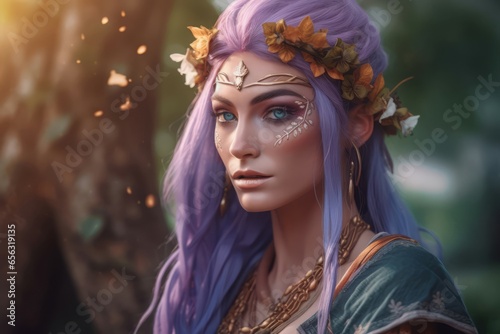 Druid purple hair. Woman cute portrait. Generate Ai