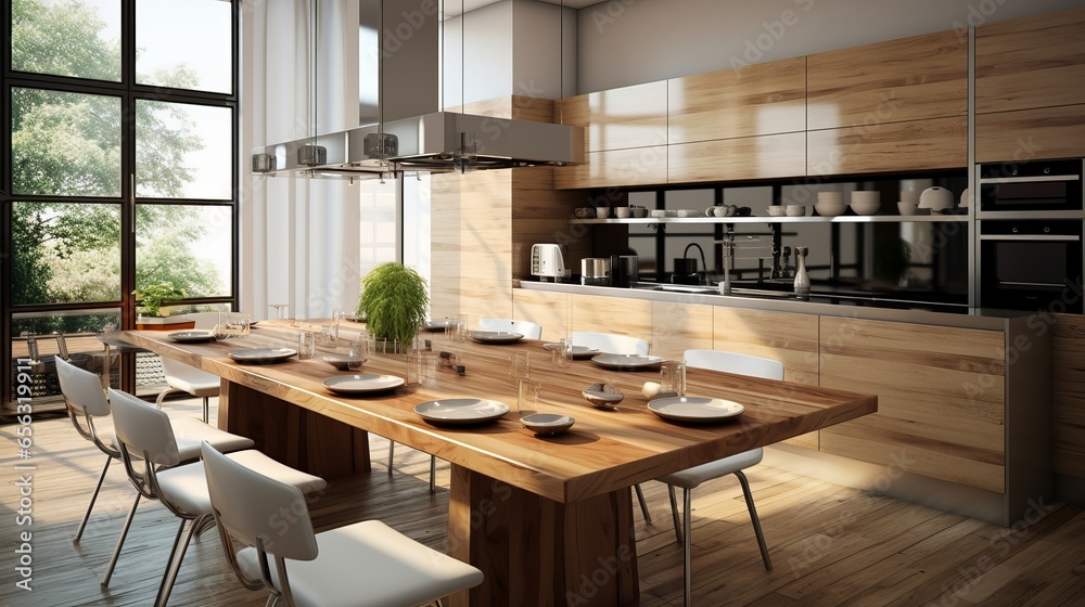 A stylish wooden table is in a modern kitchen.