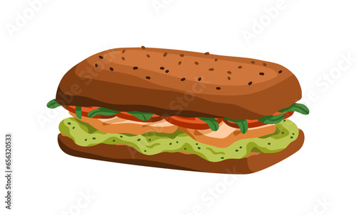 Sandwich with chicken and vegetables. Rye ciabatta bread with tasty stuffing, mashed avocado, meat, greens. Healthy fast food, snack, eating. Flat vector illustration isolated on white background