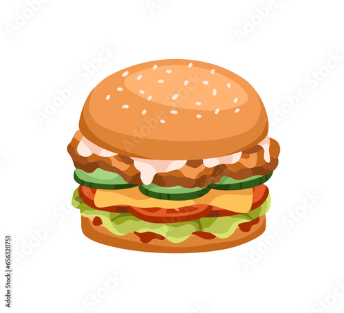 Burger with chicken cutlet, vegetables and cheese filling. American fast food...