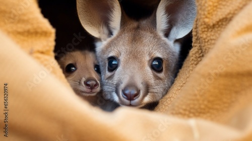 a baby kangaroo in the bally pocket generated by AI tool  photo