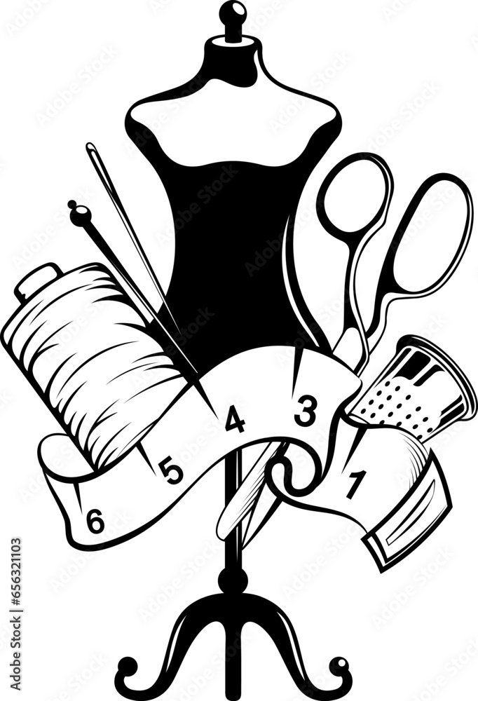 Sewing dummy with needle, scissors and spool of thread. Design for