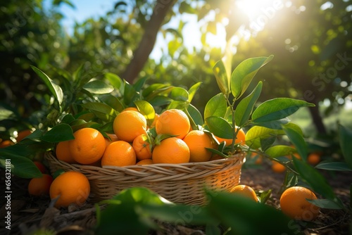 Photorealism of close up of fresh Oranges in basket in field green plants with Orange trees background