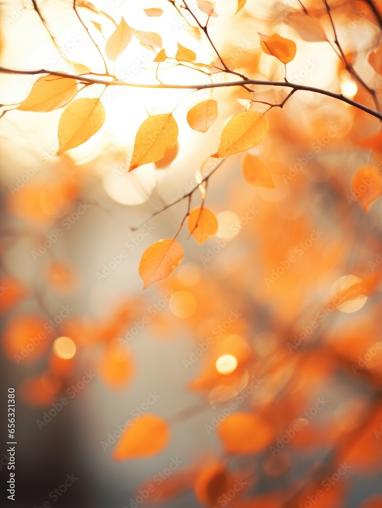 Fototapeta premium Beautiful orange and yellow autumn leaves against a blurry autumn background.