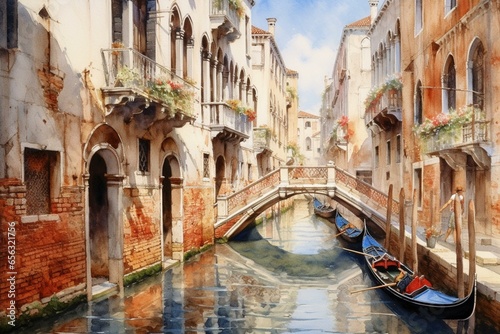 Watercolor painting of a canal in Venice. Generative AI
