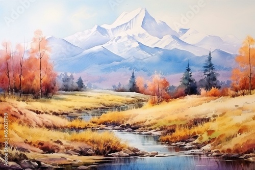 Watercolor mountain landscape with autumn colors and snow-capped peaks. Panorama. Generative AI