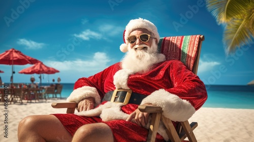 joy of Santa Claus on vacation at the seaside, basking in the sun and spreading holiday cheer by the beach.