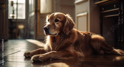 Portrait of golden retriever dog lying on the floor at home. Cozy atmospheric blurred interioes background, selective focus. photo
