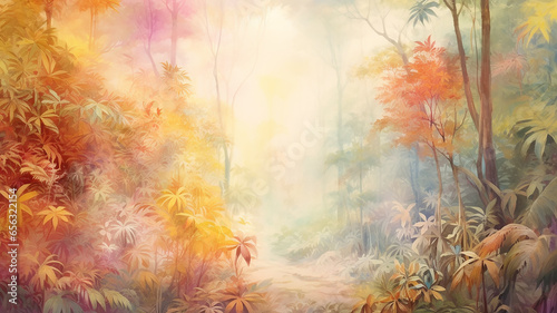watercolor image indian summer in the jungle rainforest in the tones of golden autumn and leaf fall