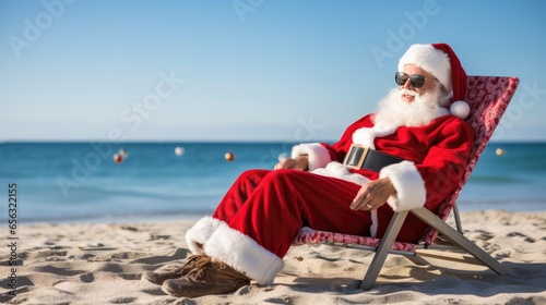 joy of Santa Claus on vacation at the seaside, basking in the sun and spreading holiday cheer by the beach.