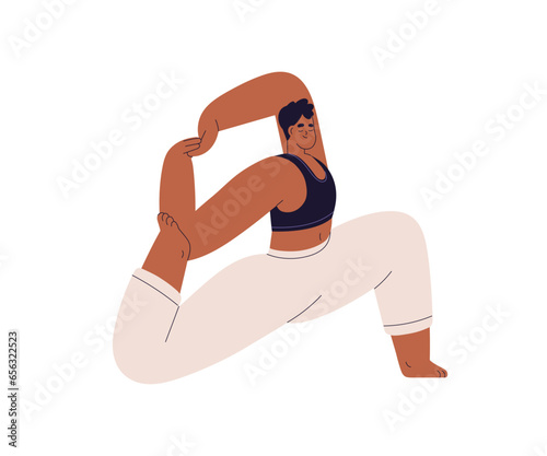 Girl stretching in King Pigeon asana, body balance yoga pose. Young black woman training, exercising. Flexible female in zen posture. Flat graphic vector illustration isolated on white background