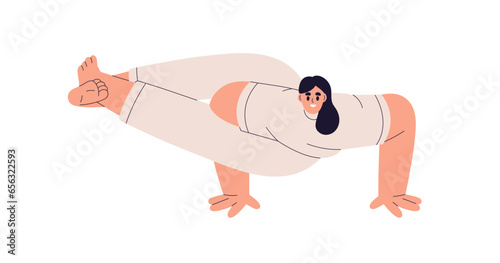 Girl in Astavakrasana, hand-balancing yoga pose. Happy woman exercising in Ei...