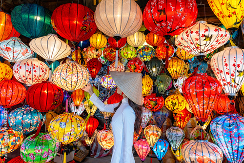 Vietnamese  paper lanterns in Hoi An ancient town. Traditional Vietnamese culture and lanterns at Hoi An ancient city Vietnam photo