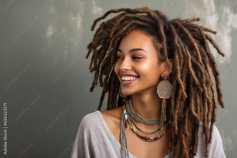 Beautiful African American woman with dreadlocks in the studio ...