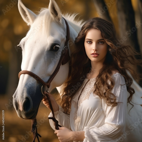 A woman of model appearance in a white dress stands near a horse in a field