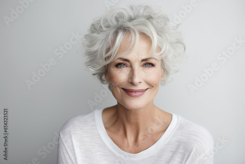 Beautiful blond elderly woman portrait on a bright gray background. Generative Ai 