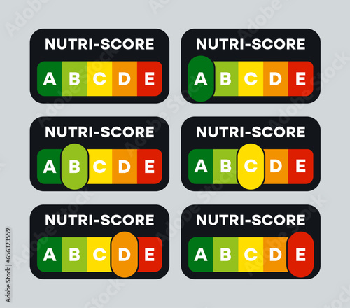 5-Colour Nutrition Label indicator from green (grade A) to red (grade E) on black background. Nutri-Score system sign for packaging design. Vector illustration
