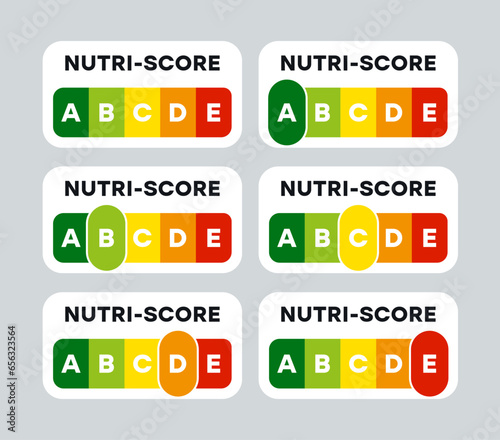 5-Colour Nutrition Label indicator from green (grade A) to red (grade E) on white background. Nutri-Score system sign for packaging design. Vector illustration