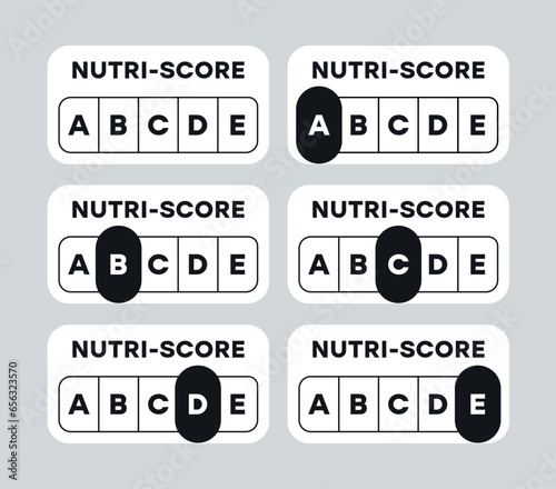 Black and white Nutrition Label indicator from (grade A) to (grade E) on white background. Nutri-Score system sign for packaging design. Vector illustration