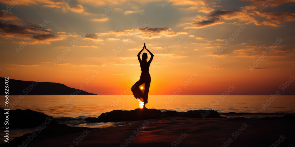 Silhouette of a woman practicing yoga in tree pose on the beach at sunrise. Yoga concept